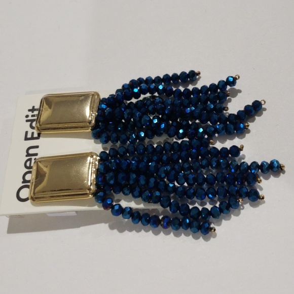 Open Edit Gold & Blue Beaded Tassel Clip-On Earrings – Statement Boho Jewelry - Picture 4 of 9